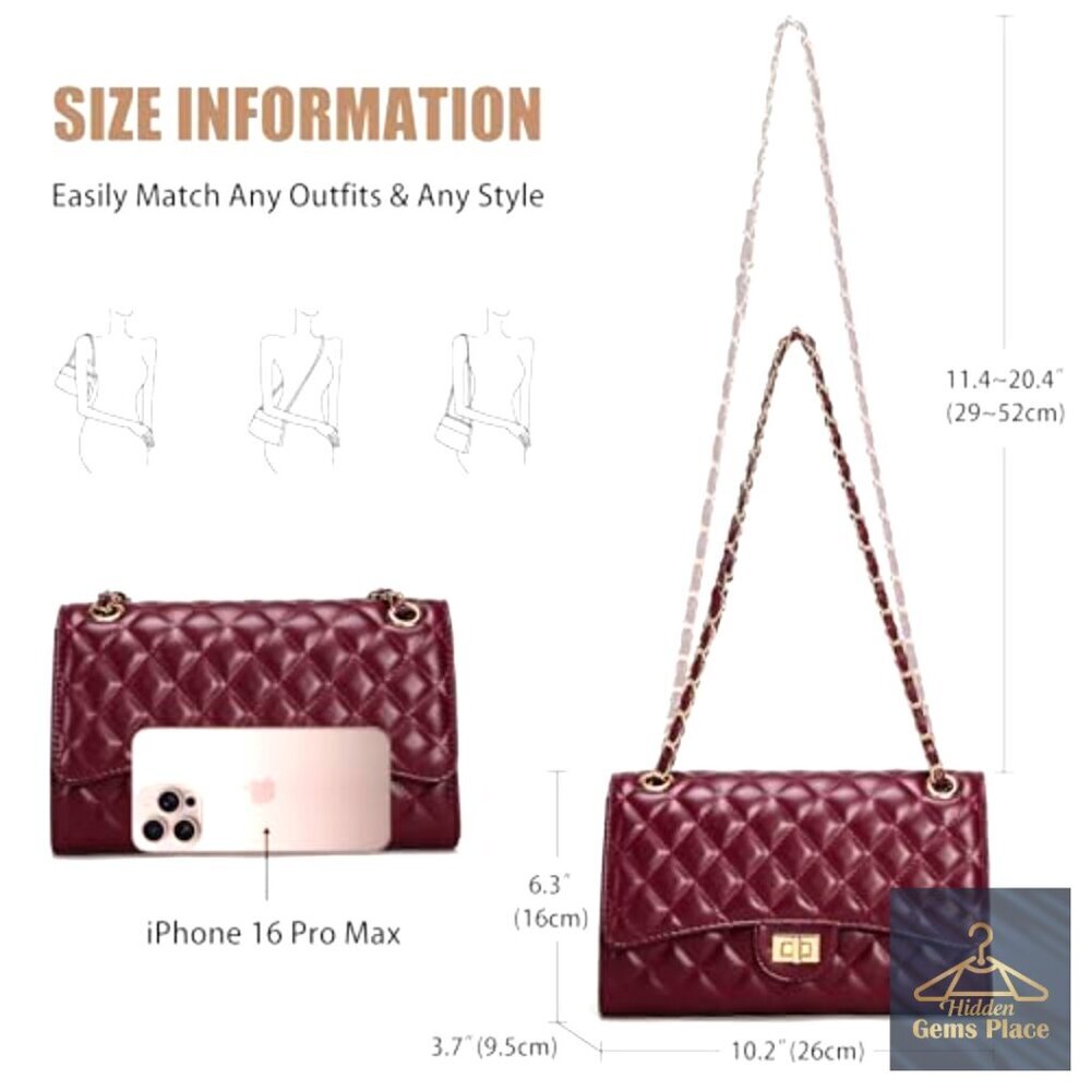 Quilted Crossbody Bag with Chain Strap, Faux Leather, Adjustable, 3 Compartments - Picture 7 of 7